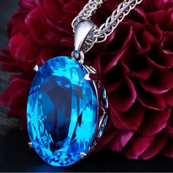 Sterling Silver Blue Topaz Charm Pendant Chain Link Necklace - Picture 3 of 5